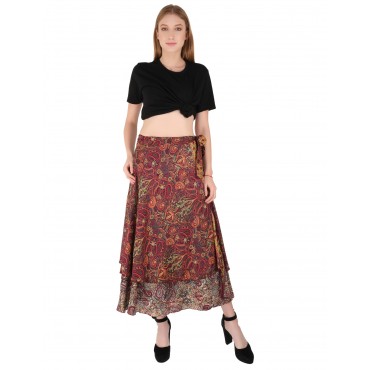 Long Red brick colour Floral Print Wrap Skirt 