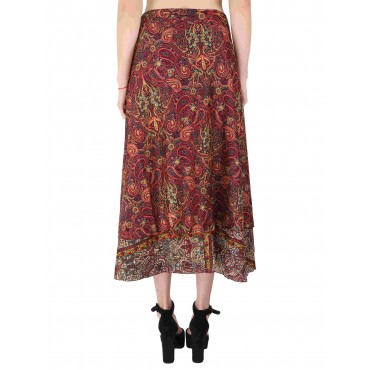 Long Red brick colour Floral Print Wrap Skirt 